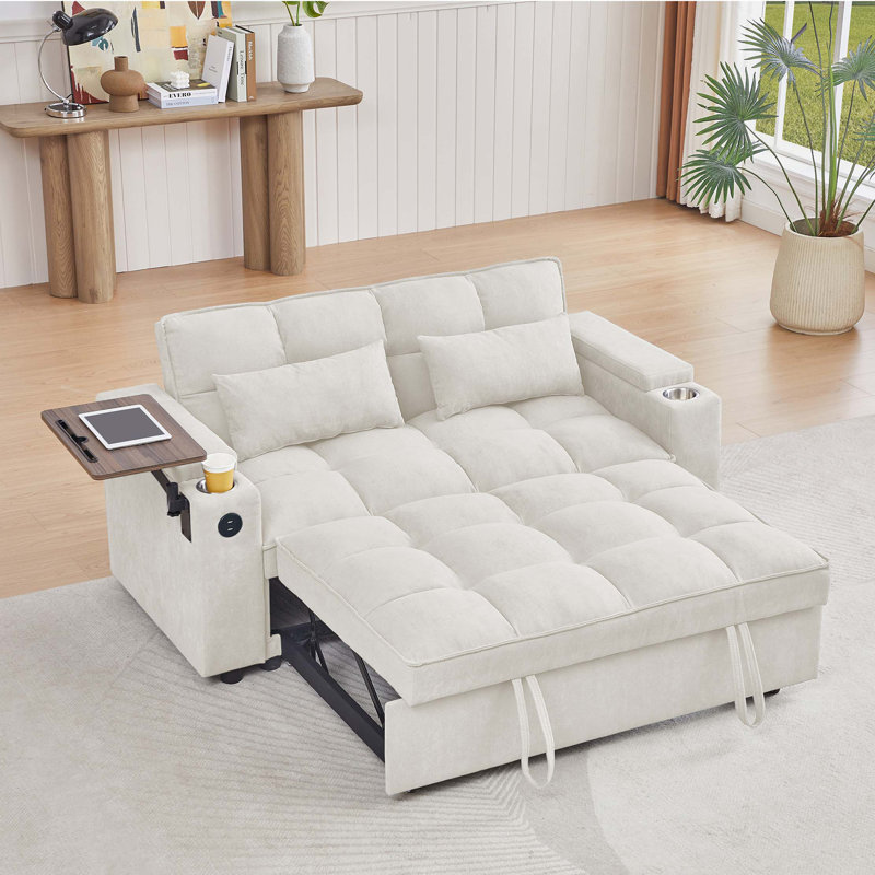 Chenille Loveseat Sleeper Sofa Bed With Storage Armrest ,USB Port ,Side Table, Beige