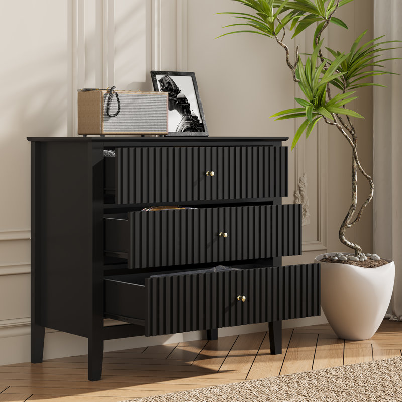 Amberrae Large 3 Drawer Dresser, Wide Chest of Drawers, Black