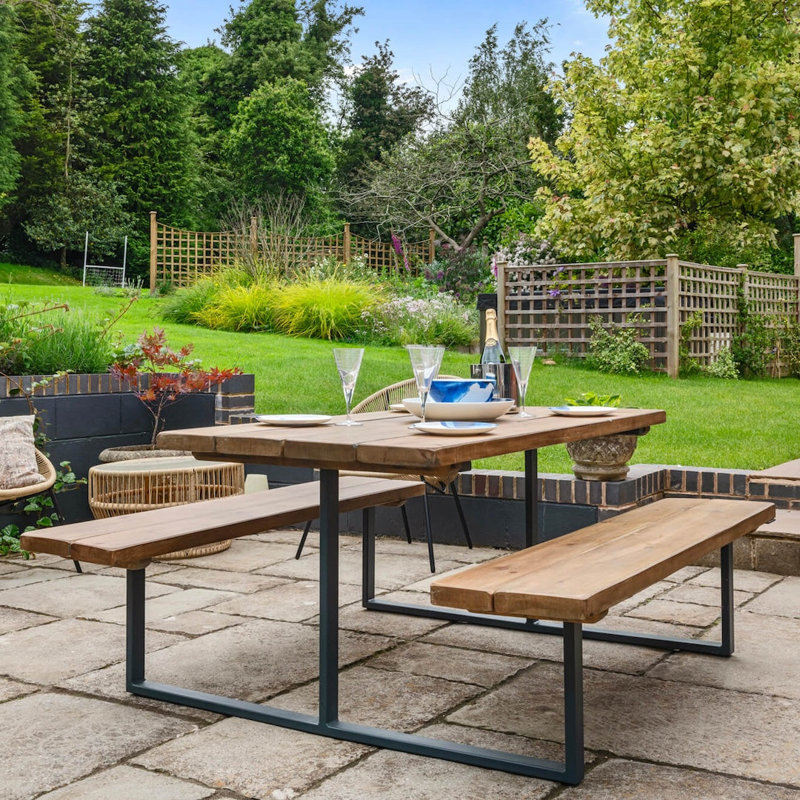 Rustic Outdoor Picnic Table with Fixed Benches - 210cm, 100cm H x 200cm W x 80 cm D