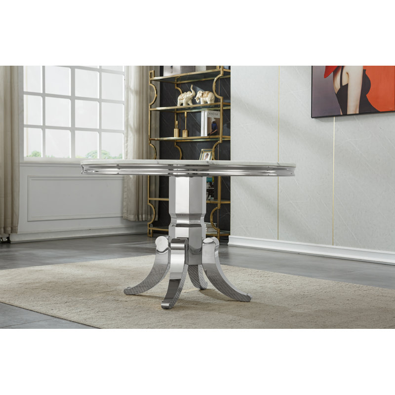 44.88" Round Dining Table Set for , Kitchen Table with Faux Marble Top, Dining Room Table & Velvet Chairs with Stainless Steel Pedestal, Piece Dining Table Set