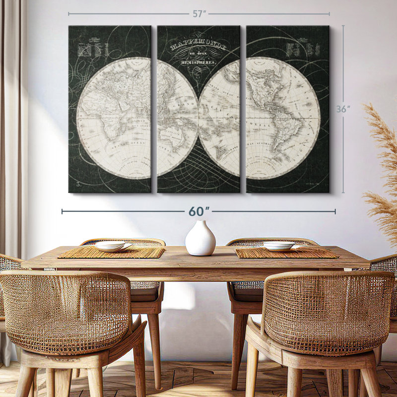 «French World Map Black and White» sur, H 36 po x l 57 po x P 1,25 po