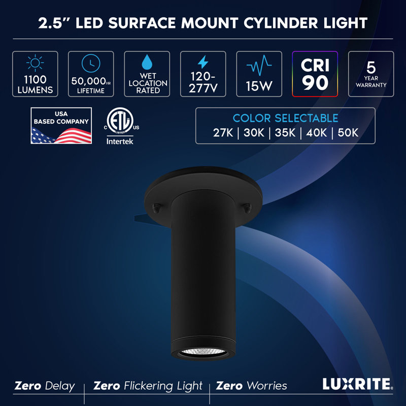  Projecteur de 2,5 pouces à DEL pour montage en surface, 5CCT sélectionnable (2700K-5000K), 1100 lumens, 15W, double intensité variable, ETL, lumière encastrée cylindrique, noir