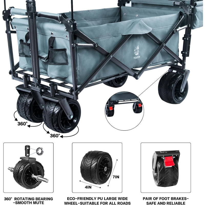 Collapsible Wagon 140L Wagons Carts Foldable with Removable Canopy, Folding Wagon Cart with Wheels, Grey