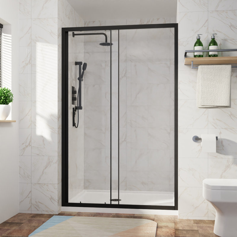 Glenford 1325mm W x 1900mm H Single Sliding Framed Shower Door with Glass, Black
