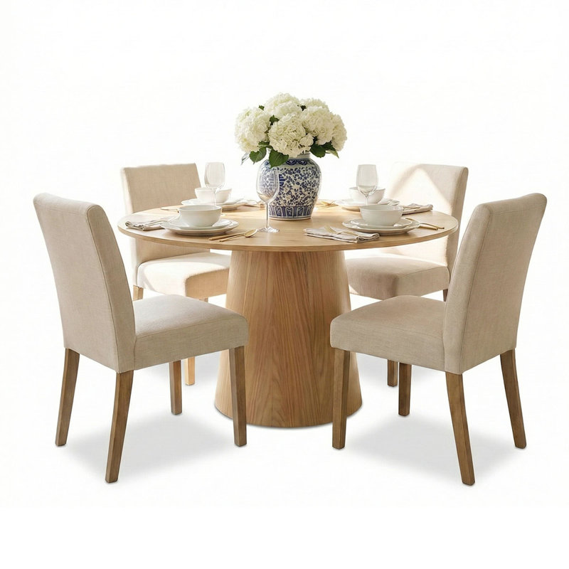 Westcliffe 4 - Person Dining Table Sets With 52'' Round Table & 4 Upholstered Linen Chairs, Beige