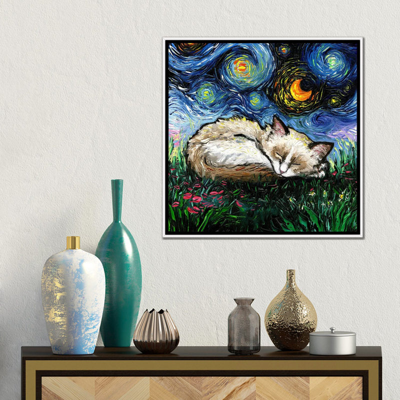 Sleepy Ragdoll Kitten Night, Toile encadrée flottée blanche, Pas de tapis, H 18 po x l 18 po x P 1,5 po