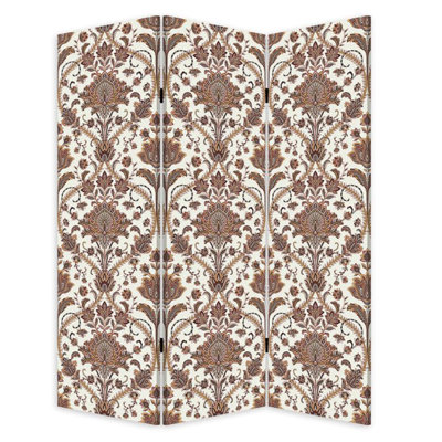 72 Inch 3 Panel Canvas Screen Room Divider, Dual Sided Baroque, White Brown
