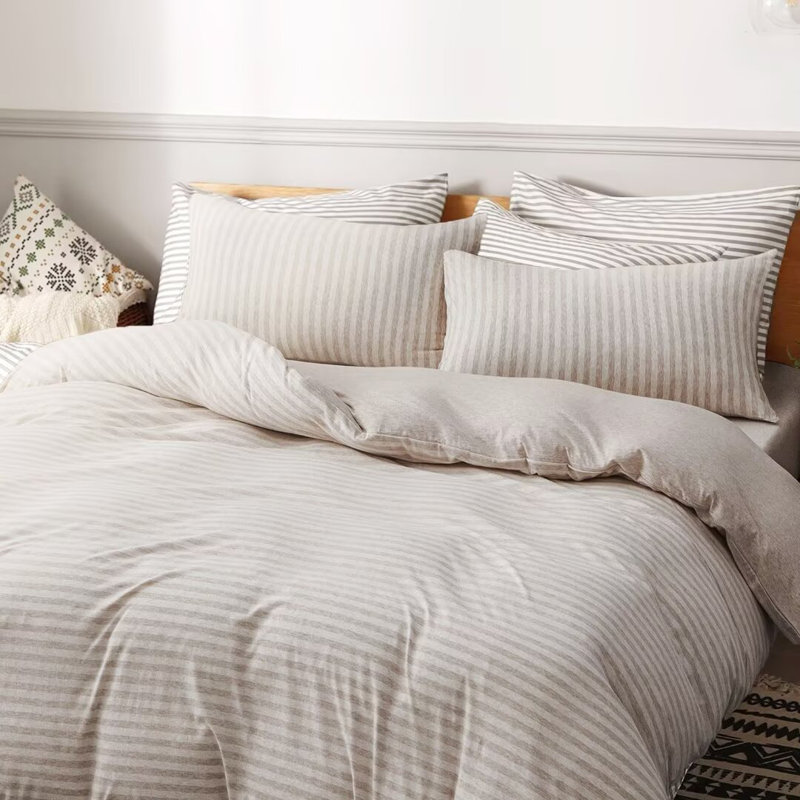 Jersey Cotton Set, King Duvet Cover + 2 King Shams, Green Striped