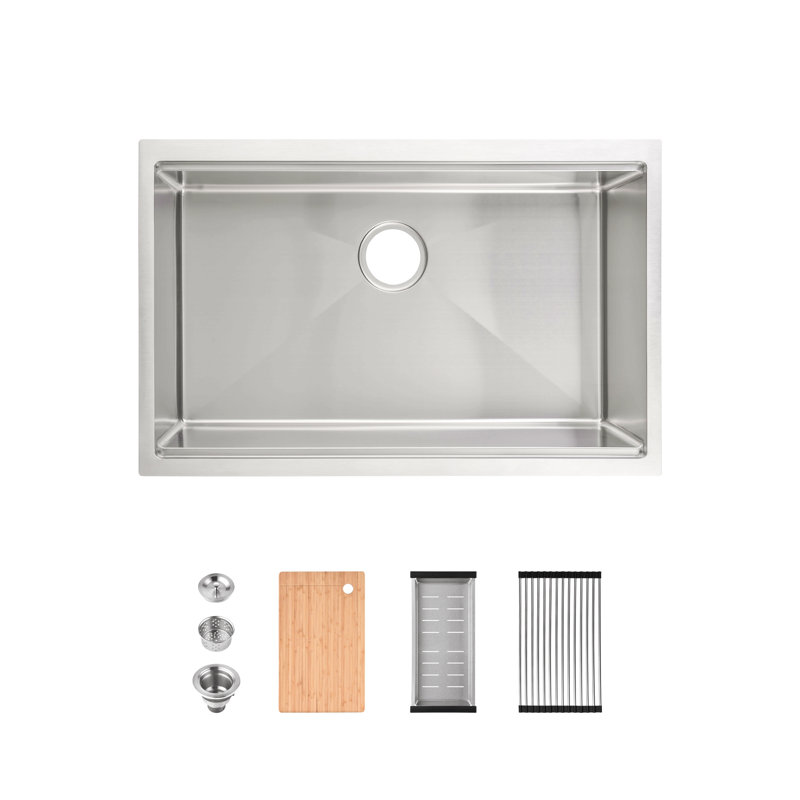 Évier de cuisine en acier inoxydable, simple cuve de 30 po x 19 po, lavabo encastré à la main brossé, avec planche à découper, passoire