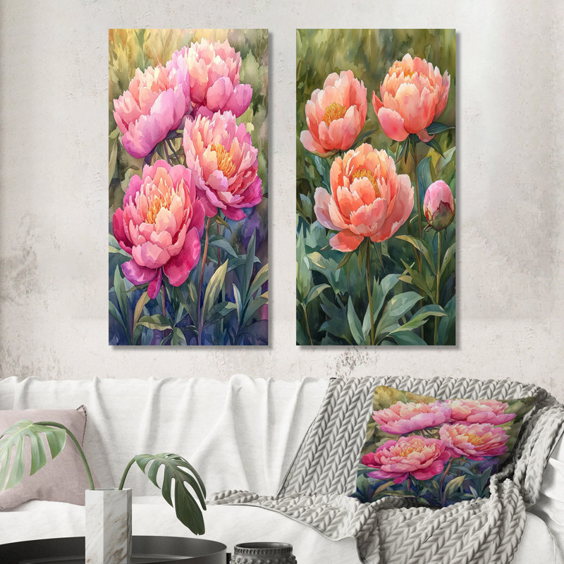 Pivoines dans le potager II - pivoine, impression murale en métal 2 pièces, 32" H x 32" W