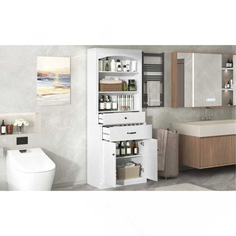 Armoire de rangement blanche pour salle de bain avec deux portes, tiroirs, tablette réglable et trois tablettes ouvertes - Fabrication en panneau de fibres à densité moyenne durable