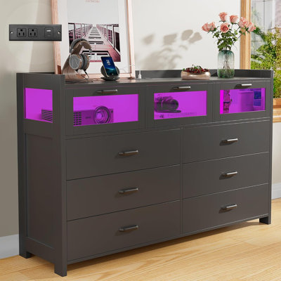 Jerral 6 - Drawer Dresser with Power Outlet & LED Light, Chest Of Drawers with Visual Storage Space by Wrought Studio