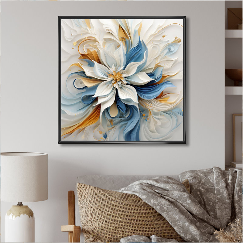 Abstrait fleur de magnolia blanc, bleu ambre - art mural fleurs, 16" H x 16" W, Cadre flottant noir