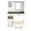 Élégant meuble-lavabo avec station de charge, éclairage tricolore et traitement de surface imperméable, miroir de maquillage blanc réglable, prises de courant intégrées, deux tiroirs de rangement,