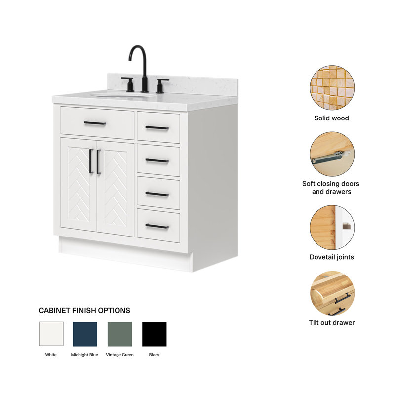 Ensemble de meuble-lavabo simple ovale décalé à gauche à chevrons de 36 po avec comptoir en quartz blanc Carrara blanc de 1,5 po