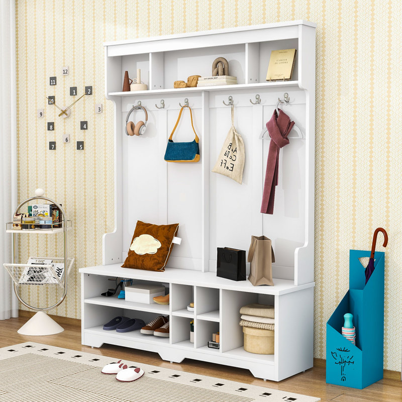 Elegant Hall Tree with Ample Storage, Wide Bench and Durable Design, White
