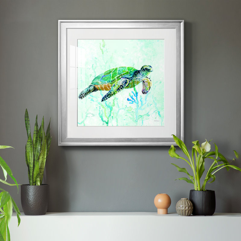 Sea Turtle Swim I - reproduction d'art sur papier encadrée, Encadrement argenté, H 17,5 po x l 17,5 po x P 1,5 po