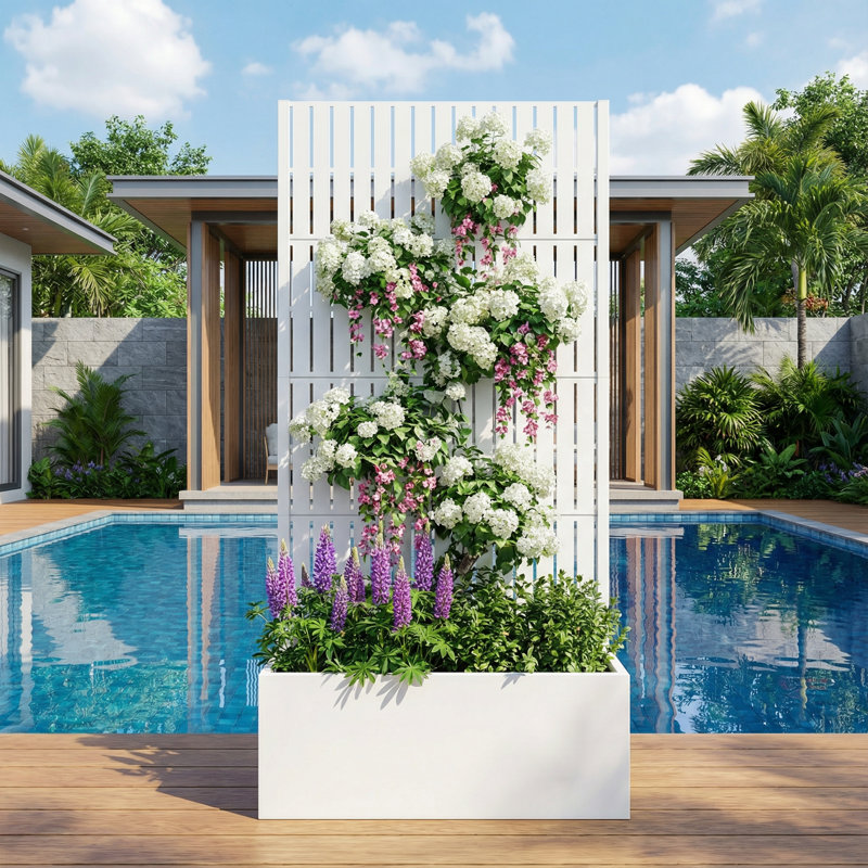 Boîte à fleurs en métal avec treillis sans roues, Blanc / Blanc