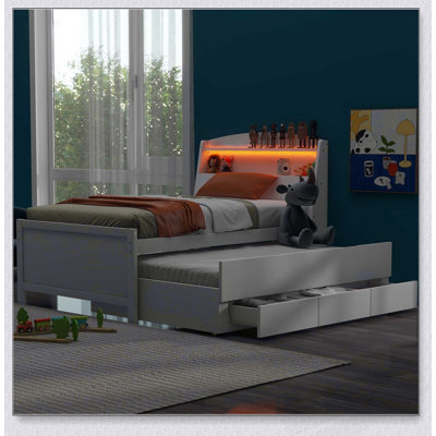 Lit plateforme simple avec tête de lit à DEL, lit gigogne et 3 tiroirs pour un rangement amélioré et une esthétique moderne