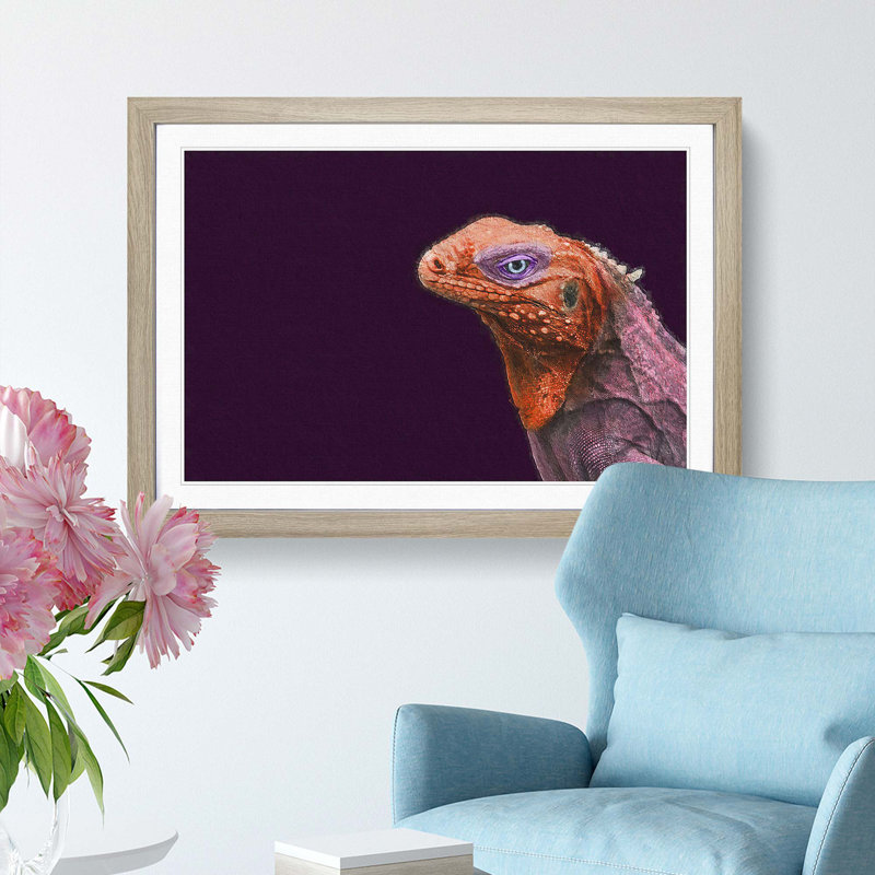Red & Purple Iguana Lizard - Picture Frame Photograph Print, 48cm H x 65cm W x 2cm D, Oak Framed