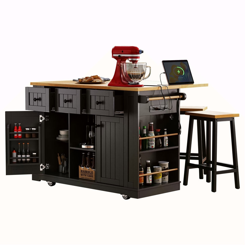 53Inch Large Kitchen Island With 2 Bar Stools, Power Outlet,Door Internal Storage Rack, Kitchen Storage Cart On 5 Wheels With Drop Leaf, 5 Open Side Racks, 3 Drawers(Three Packages)