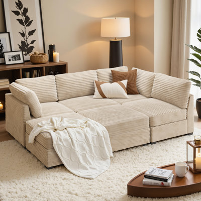 Hogle Modular Sectional Sofa With Ottoman, Plush Corduroy Fabric, Convertible U/L-Shaped Couch With Wide Deep Seats For Living Room by Wrought Studio