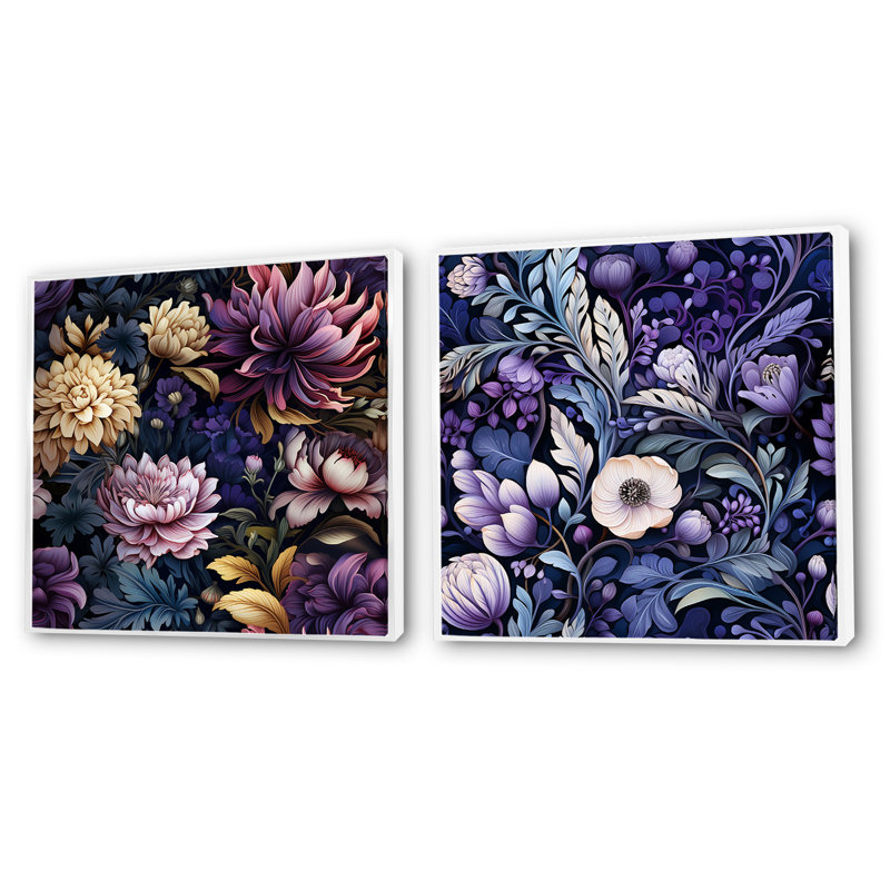 Deep Emerald - lotus mauve enchante - ensemble de 2 collages floraux carrés, Cadre flottant blanc, H 16 po x l 33 po
