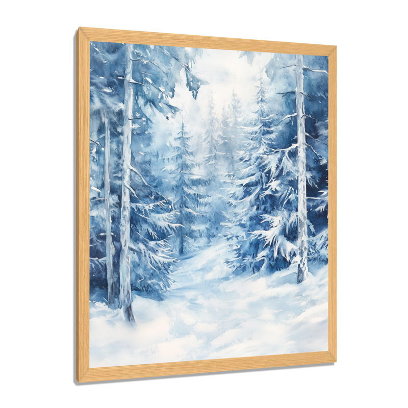 Pins d'hiver bleus et blancs sous la neige - Tableau encadré de forêt, H 32 po x l 16 po, Natural Picture Framed