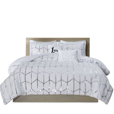 Modern Full/queen Comforter And Sheet - Metallic Silver Geometric On White, , 2 Shams, Decorative Pillows, With Print Microfiber, Fluff Up