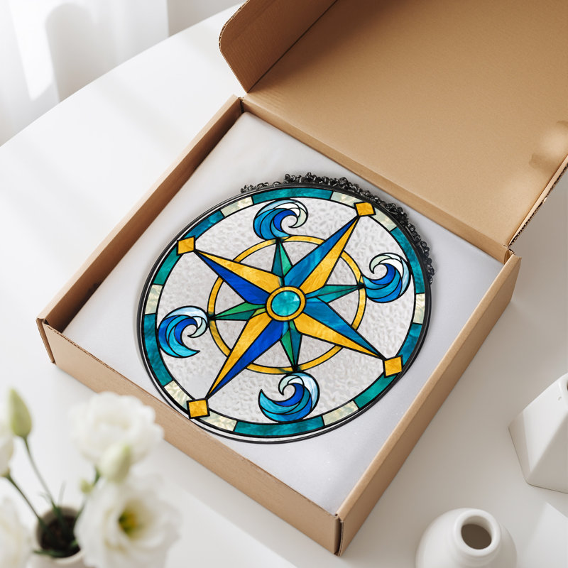 «Blue and Gold», vitrail boussole rose, art mural, H 7,8 po