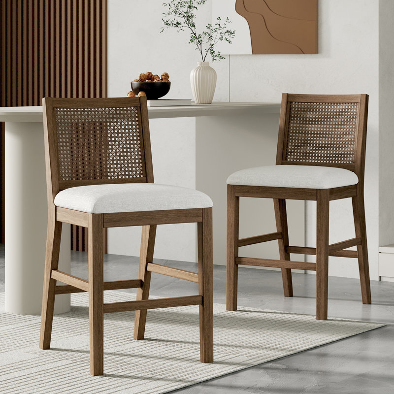 Calista Modern Coastal Rattan & Rubberwood Counter Stools with Handwoven Backrest and Upholstered Cushion