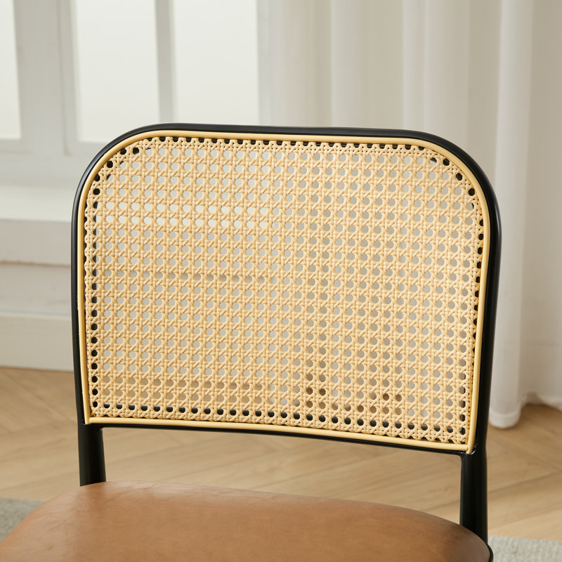Modern Upholstered Faux Leather Side Dining Chair with Cane Rattan Back, Brown, 6