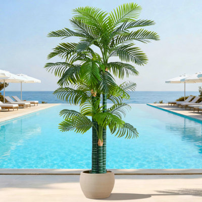 Palmier artificiel triple Golden Cane en pot de ciment, 4 troncs, plante artificielle haute de 8,5 pi pour une utilisation intérieure et extérieure, 1 paquet