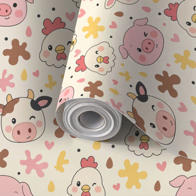 Peel and Stick Wallpaper Contact Paper Cute Farm Animal Seamless Pig Cow Self Adhesive and Removable 24in x 118in(60x300cm)