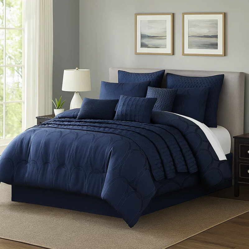 Ensemble d'édredon 10 pièces en polyester très grand avec imprimé géométrique oblong, bleu foncé