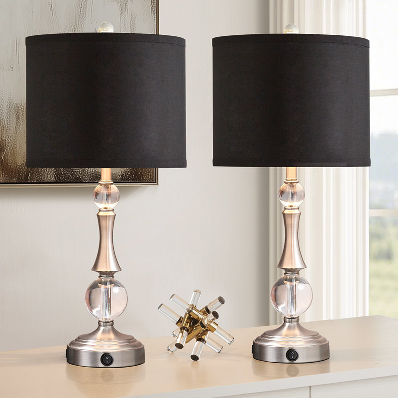 Table Lamp Set of 2 with Crystal Accents & Built-In USB Ports – Elegant Silver Bedside Lamps with Free LED Bulbs