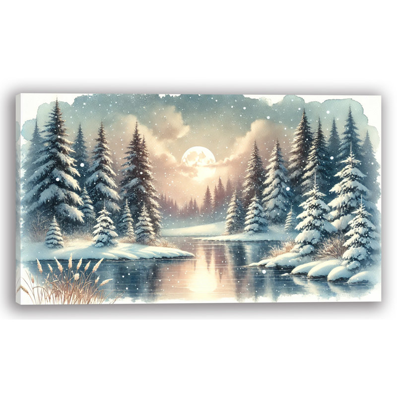 Moonlit Serenity: Winter Lakeside Canvas Print, 24" H x 24" W