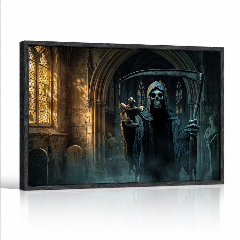 Faucheuse squelette à capuchon avec faux, style gothique, sur toile murale pour l'Halloween, H 18 po x l 24 po