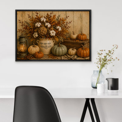 Rustic Pumpkin Floral Harvest Autumn Still Life Farmhouse Artwork Wall Art Decor Framed On Canvas Print