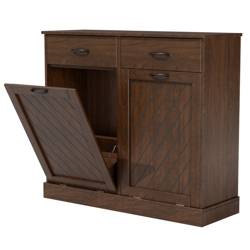 Armoire poubelle à double basculement 15 gallons, finition texturée, rangement caché pour les déchets de cuisine et de salon - noyer