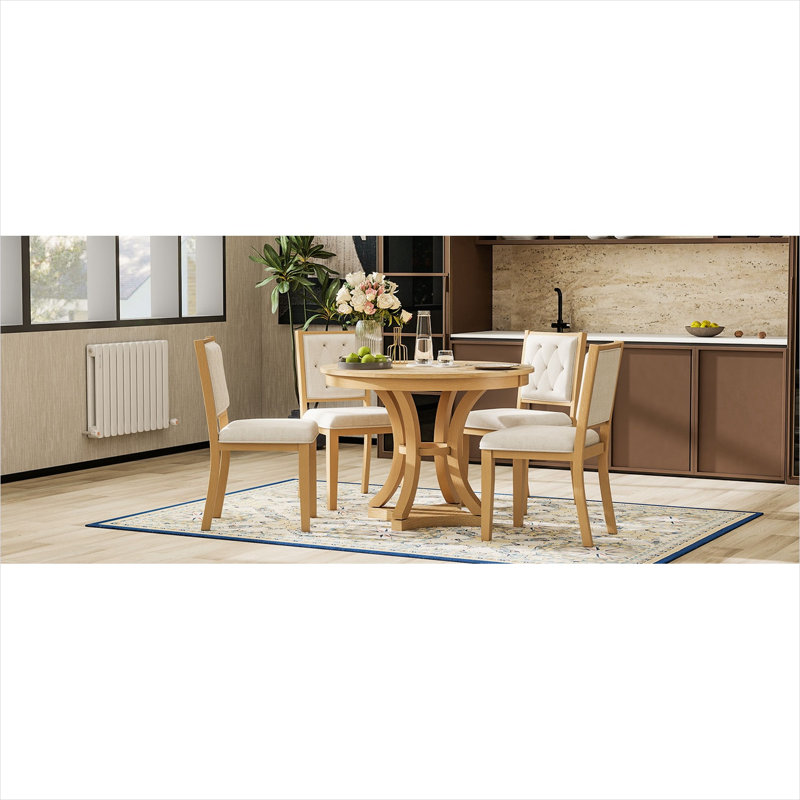 Ensemble de table de salle à manger extensible en bois d'hévéa naturel clair avec 4 chaises rembourrées