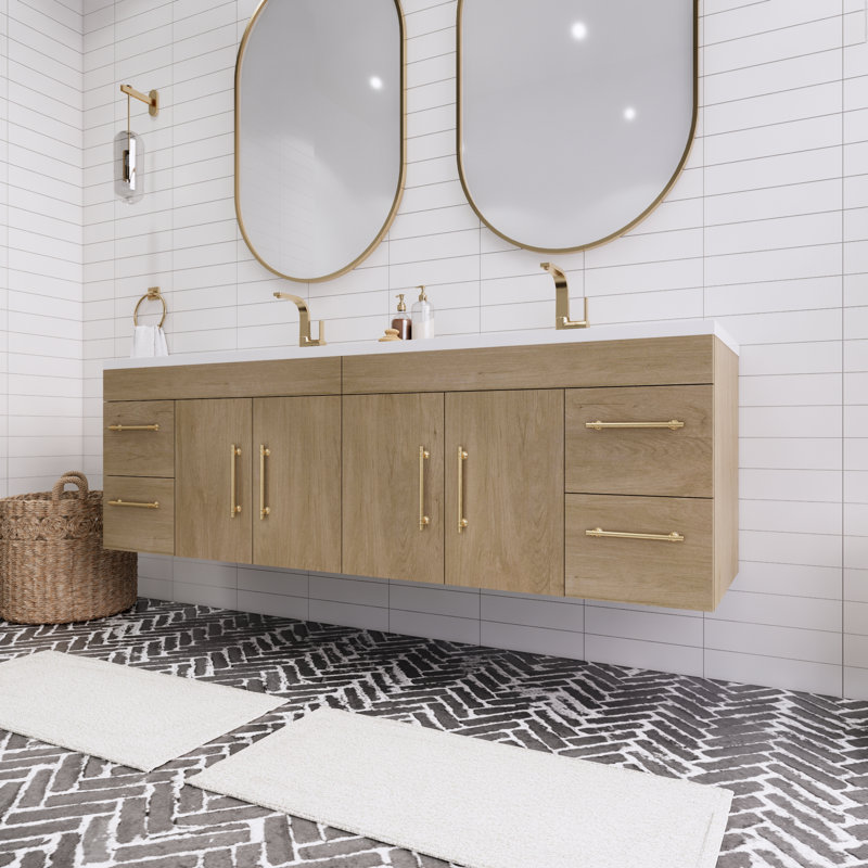Ensemble de meuble-lavabo double mural 72 po Spring, Chêne blanc