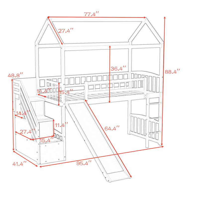 Lit mezzanine simple avec escalier de rangement et glissade, gris