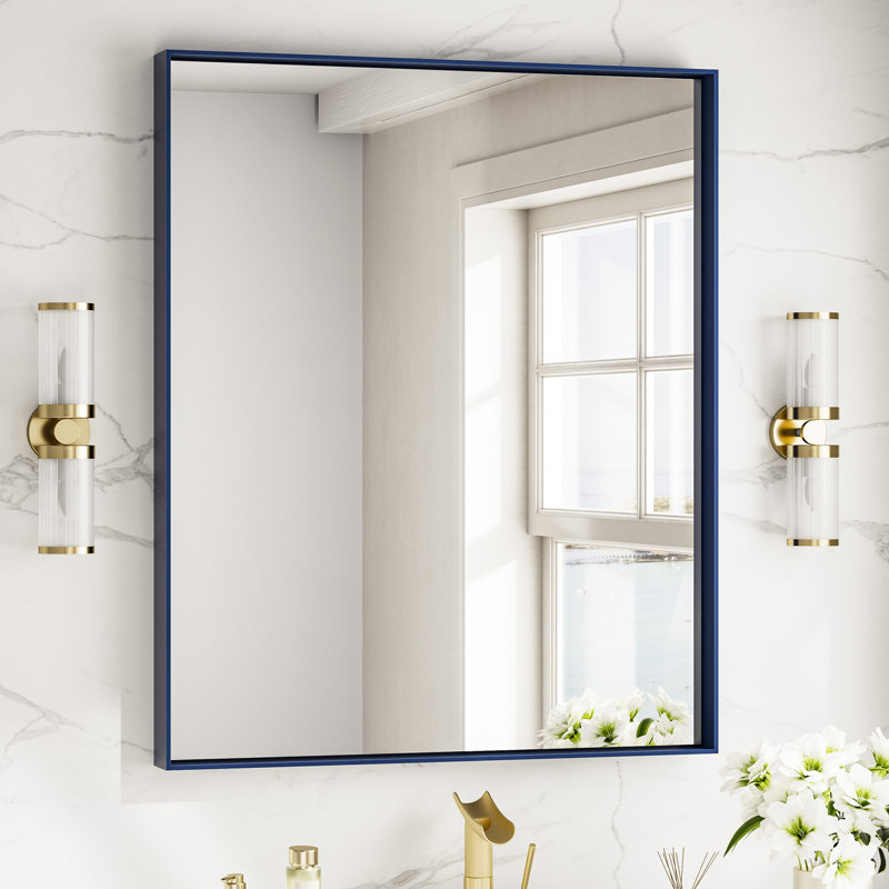 Miroir mural français en verre trempé et en alliage d'aluminium, 36 po x 30 po, Bleu