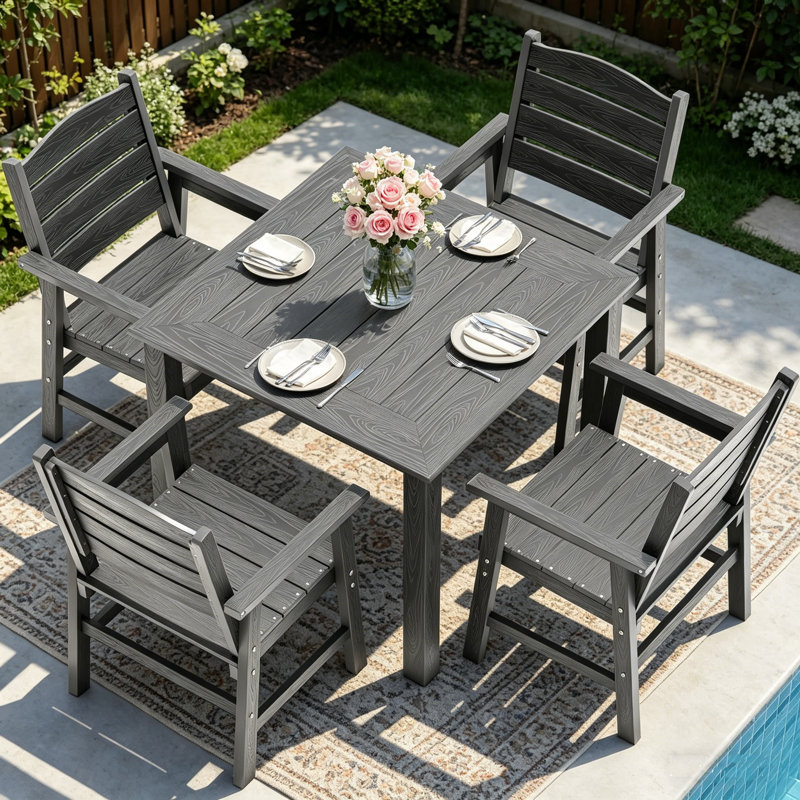 All Weather Outdoor Table and Chairs 5 Pieces Patio Dining Sets Outside Furniture With Aluminum Frame HIPS Modern Patio Dining Set for 4 Person for Outside Backyard/Porch/Deck, 1-Table 4-Chairs, Gray