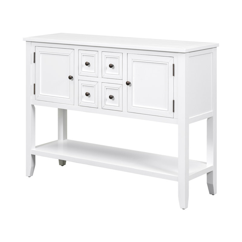 Grande console de rangement rétro Cambridge Series avec quatre petits tiroirs et une tablette inférieure pour le salon, Blanc