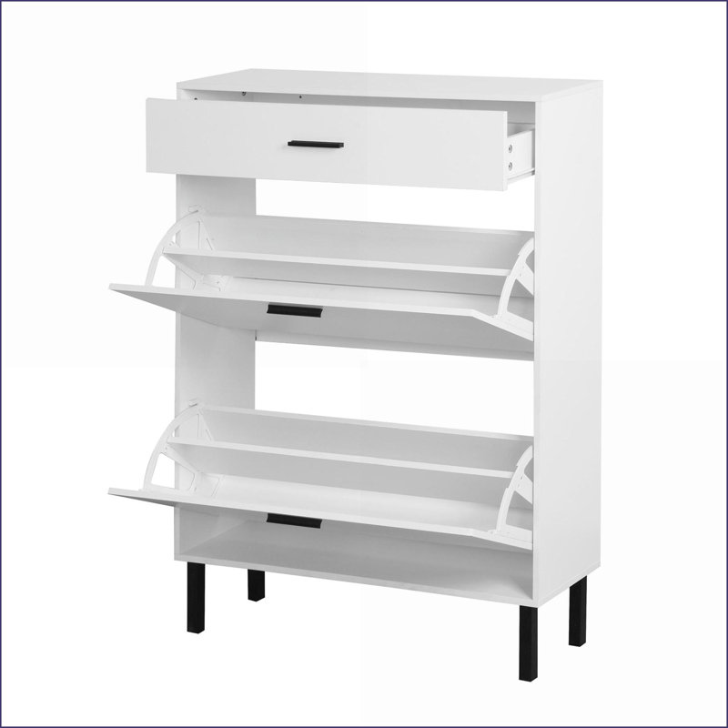 Shoe Cabinet, Modern Freestanding Organizer with 2 Flip Drawers &amp; Metal Legs, 31.5”W x 9.84”D x 43.3”H | Off-White | Entryway