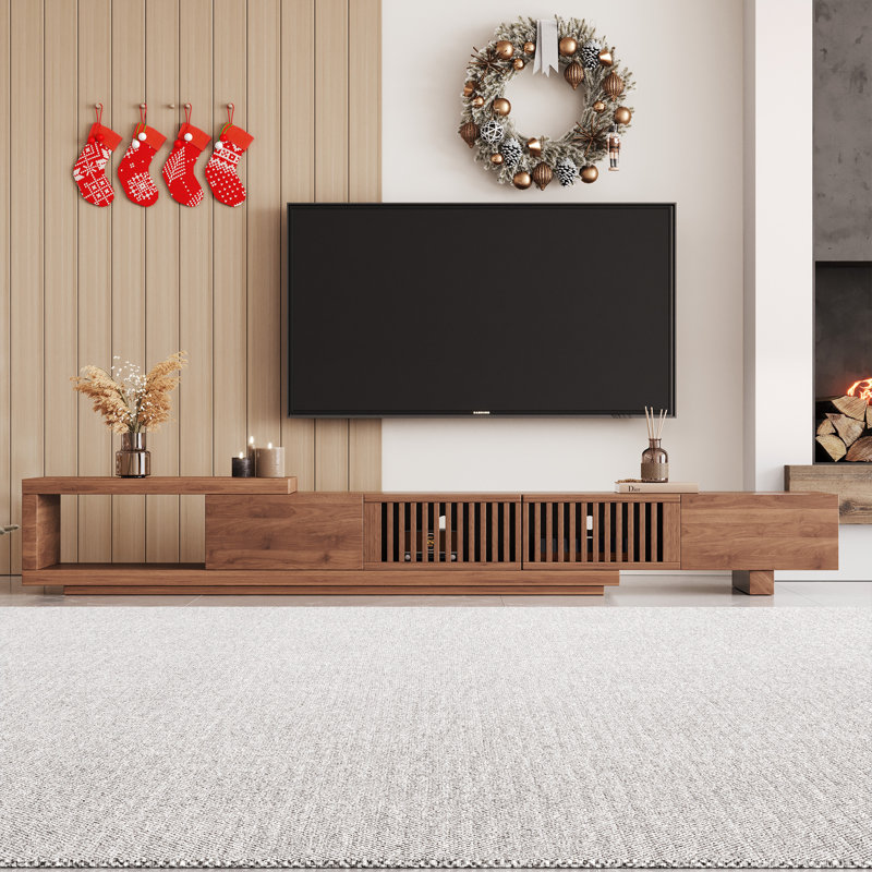 Adjustable Width TV Stand Cabinet in Walnut, 2m-2.6m, with Cable Ports & Large Storage, for 75-100 Inch Televisions
