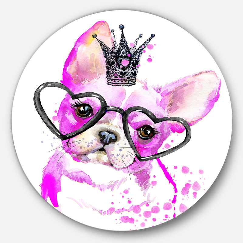 Mignon chien rose avec des lunettes en forme de cœur - reproduction d'art, H 11 po x l 11 po x P 1 po, Métal