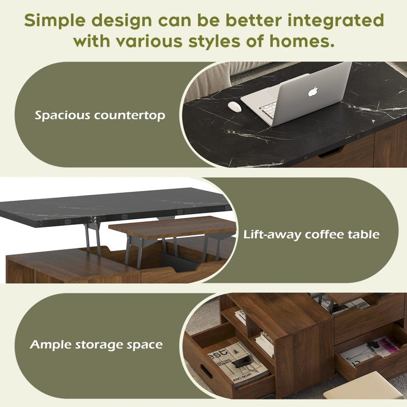 Table basse relevable moderne avec 2 tabourets pour le salon, rangement dissimulé et tiroirs, table de salle à manger pliante et peu encombrante